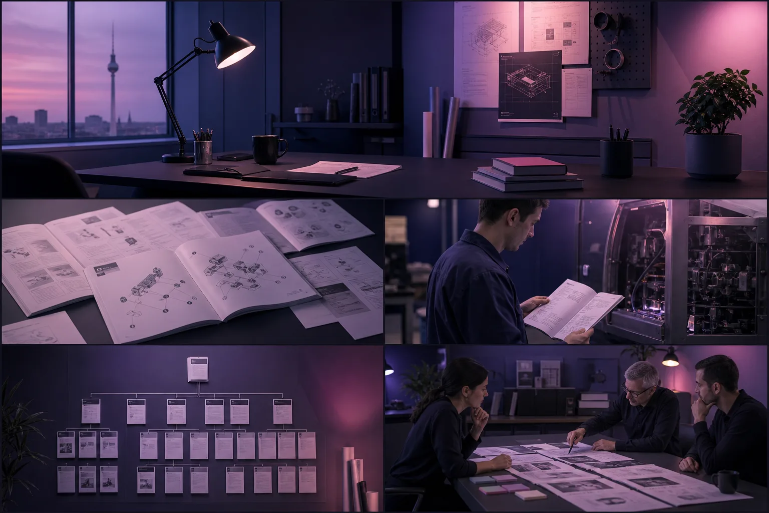 Technical content architecture arranged for review on a studio wall